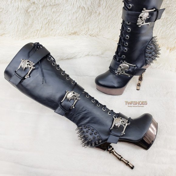 Demonia Shoes - Muerto Goth Punk Bone Heel Spiked Skull Buckle Knee Boots RESTOCKED